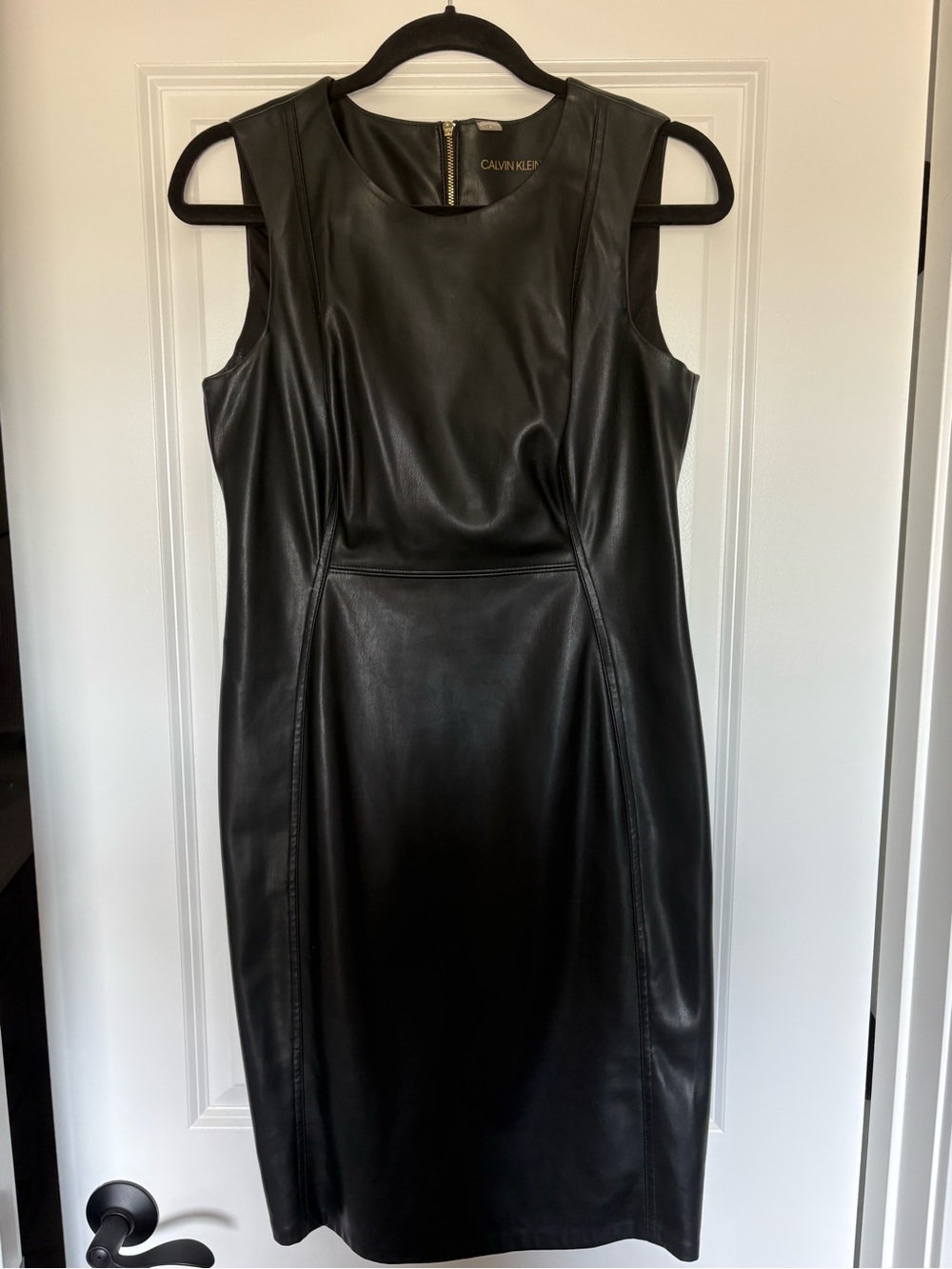 Calvin Klein Black Faux Leather Sleeveless Sheath Dress